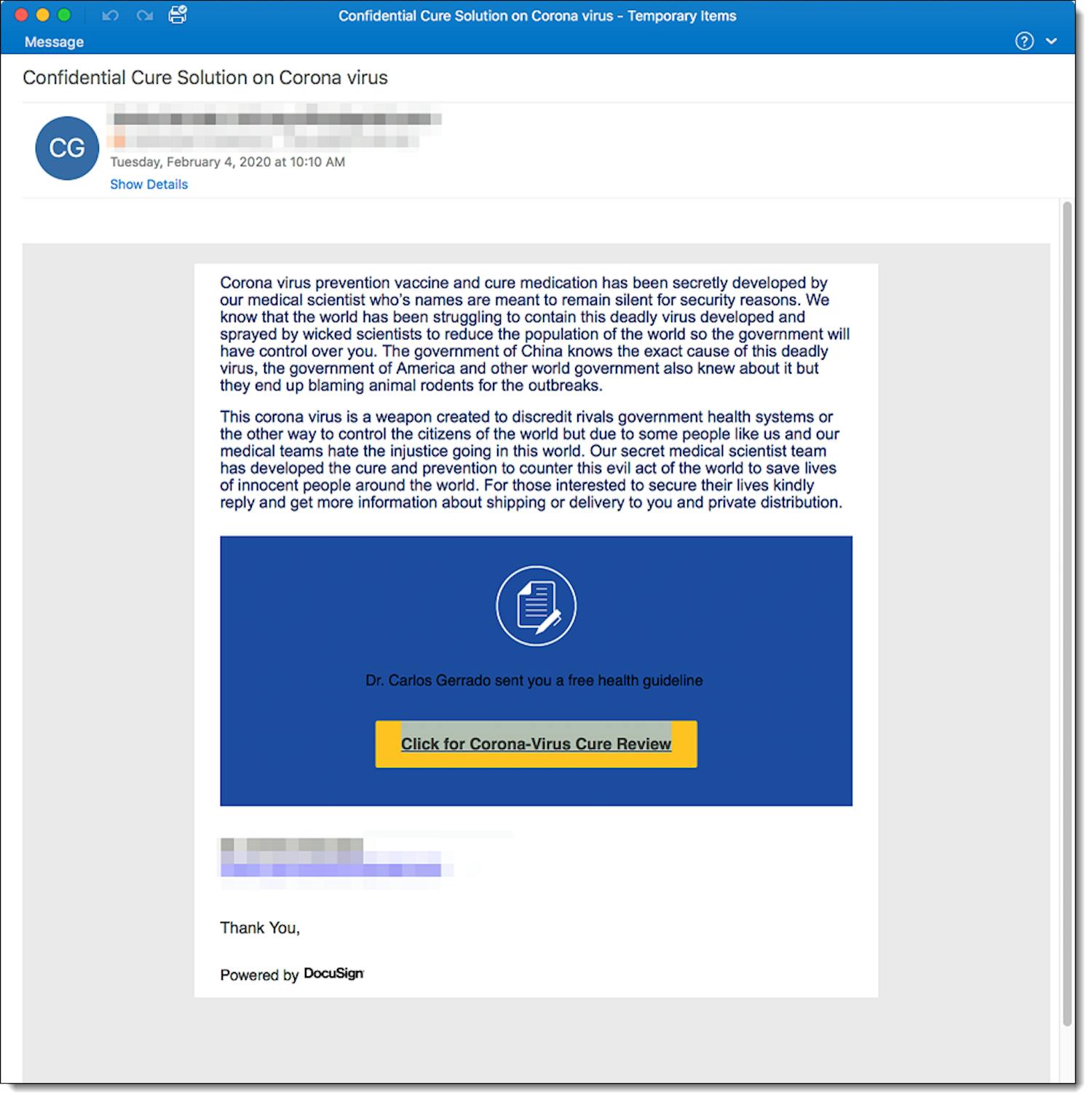 Koronavirusta hyödyntävä huijausviesti